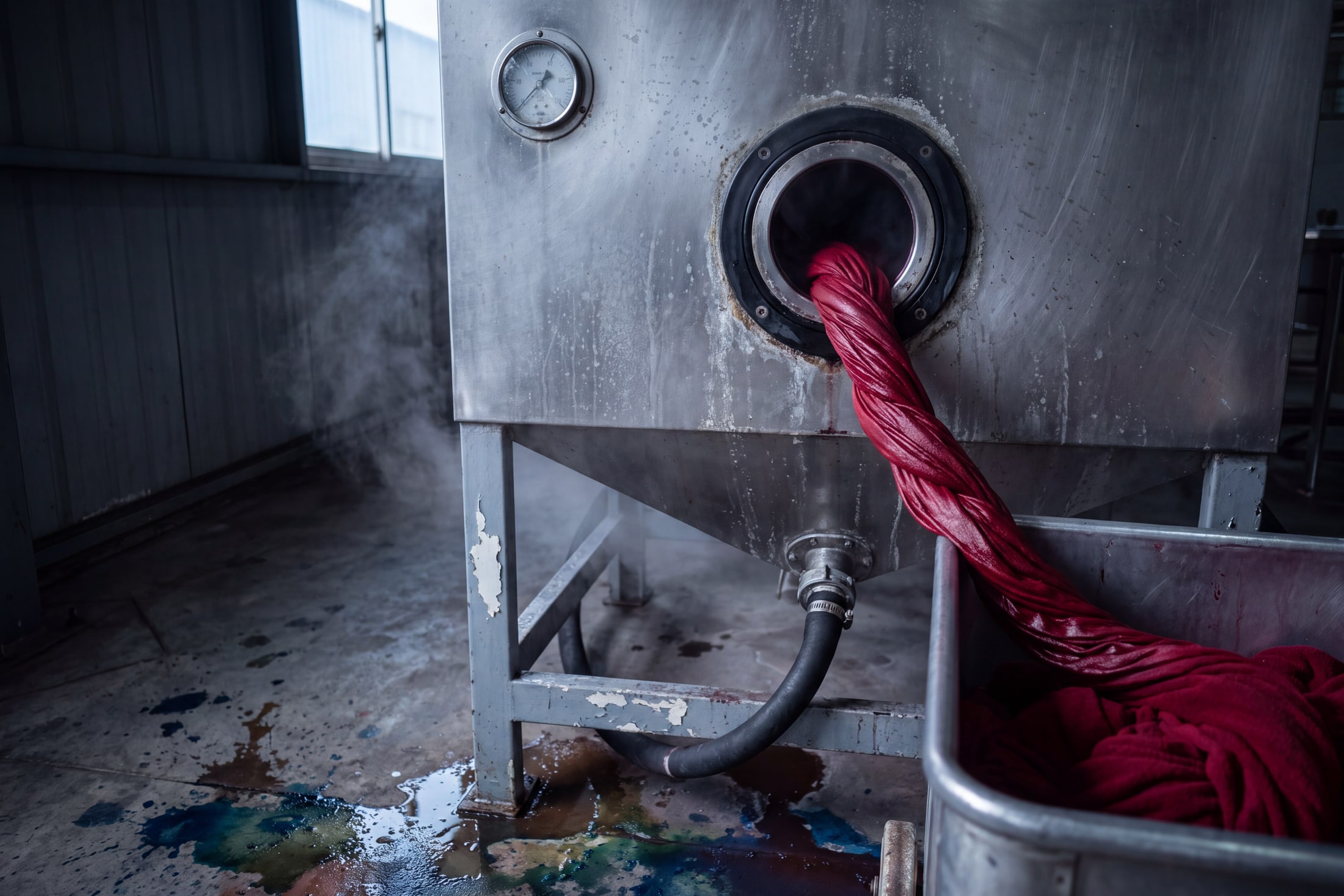 A rope of crimson knitted fabric drawn out of the porthole of a stainless steel soft-flow dyeing machine into a trolley, steam hanging over a wet concrete floor stained with older colours.