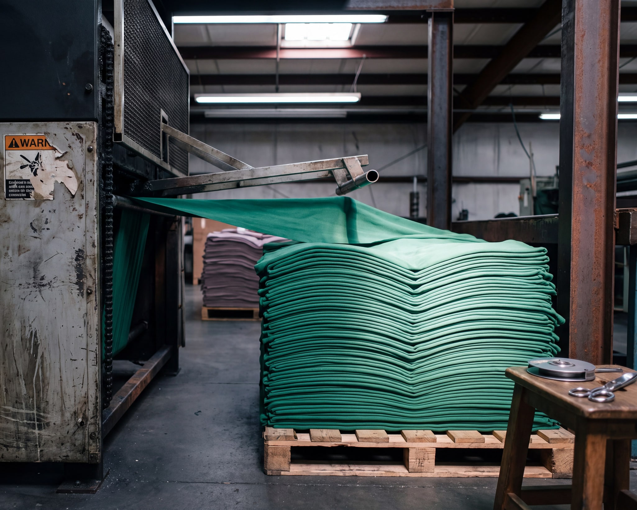 Emerald knitted cotton coming off the delivery end of a compactor and plaiting itself into a folded stack on a pallet.