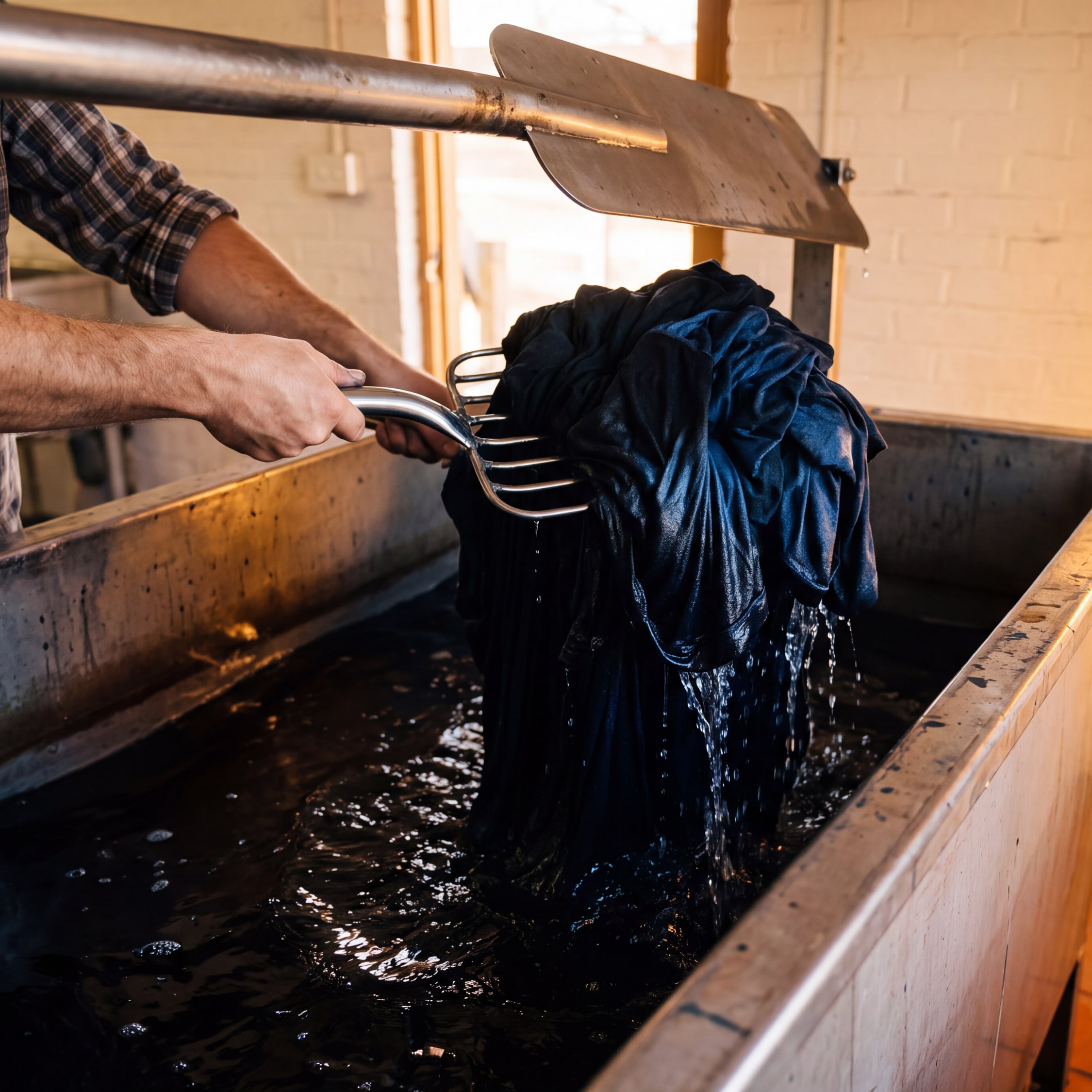 Wet indigo-dyed t-shirts lifted on a stainless fork from the near-black liquor of a paddle dyeing machine, water running back into the bath.