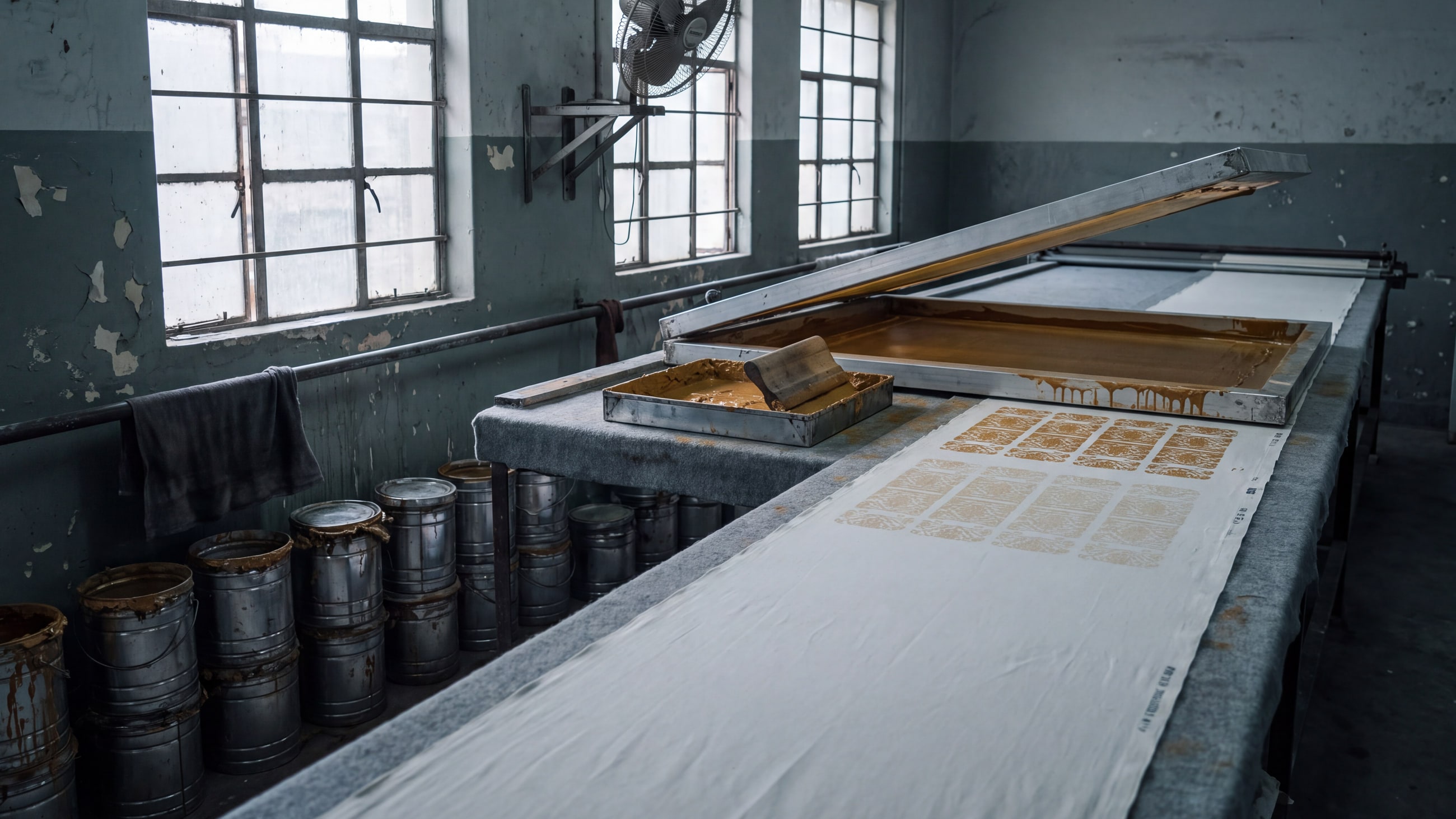 A flat-bed screen printing table with bleached cotton gummed down on it, an ochre repeat freshly printed, and a tray of ochre print paste beside the raised screen.