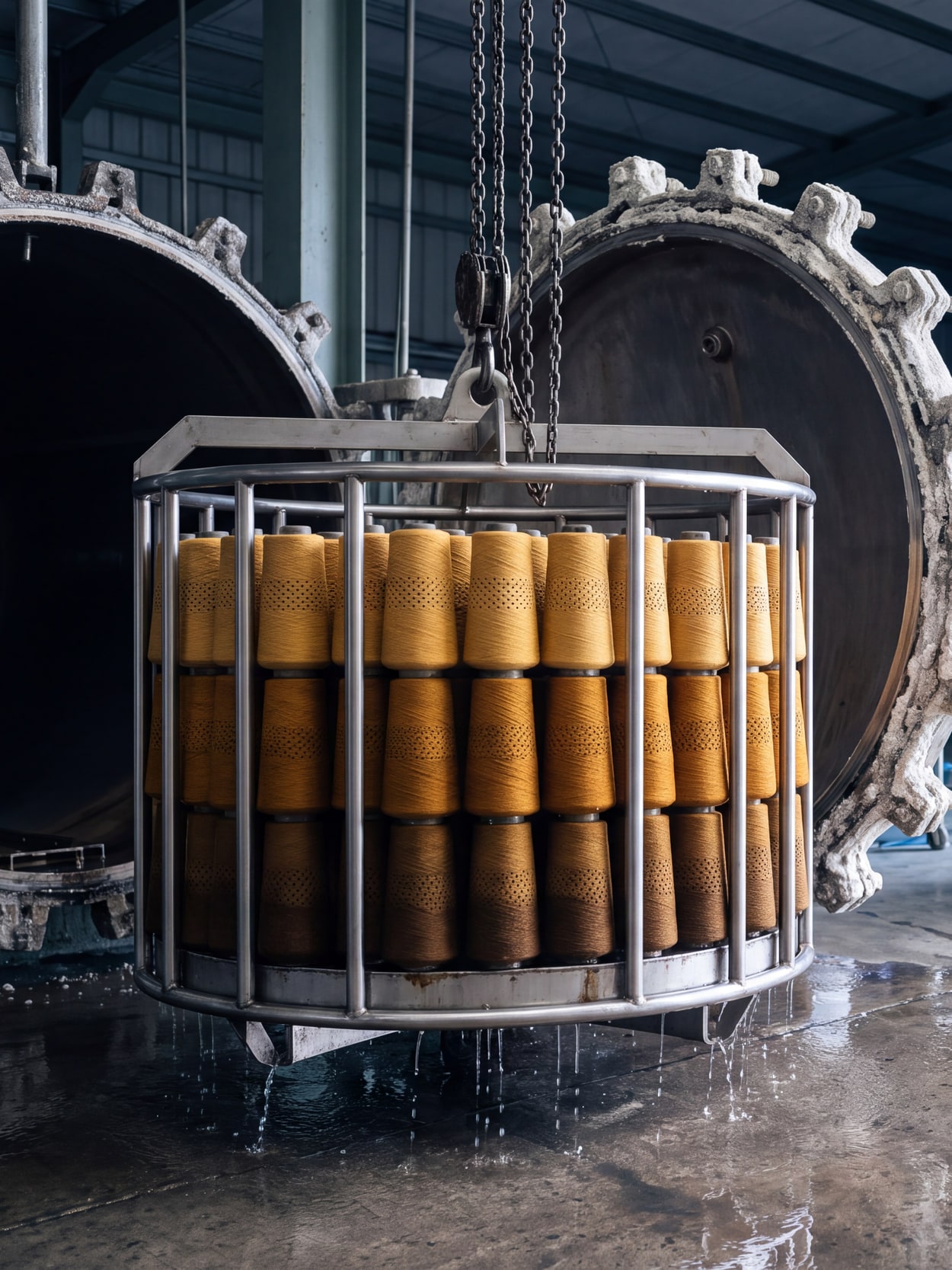 A carrier of gold-dyed yarn packages lifted clear of an open package dyeing kier on a chain hoist, water still running off the base plate onto wet concrete.