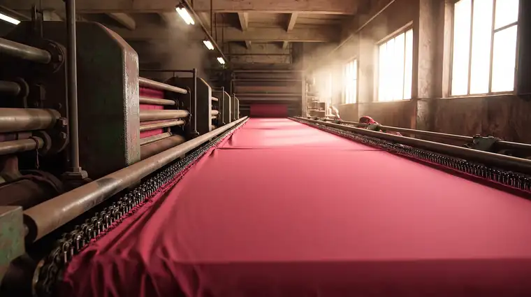 A width of crimson cotton travelling away down the length of a stenter, both selvedges held by the pin chain, light falling from high windows.